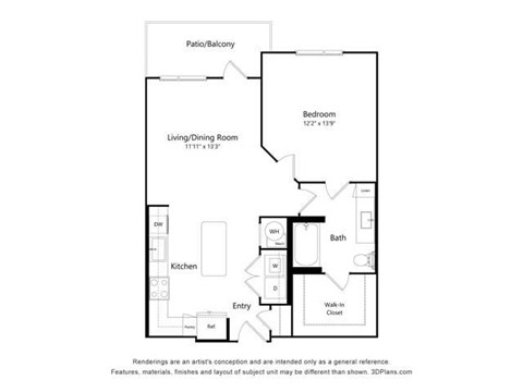 Floor plan for 1 bed, 1 bath, 806 sqft